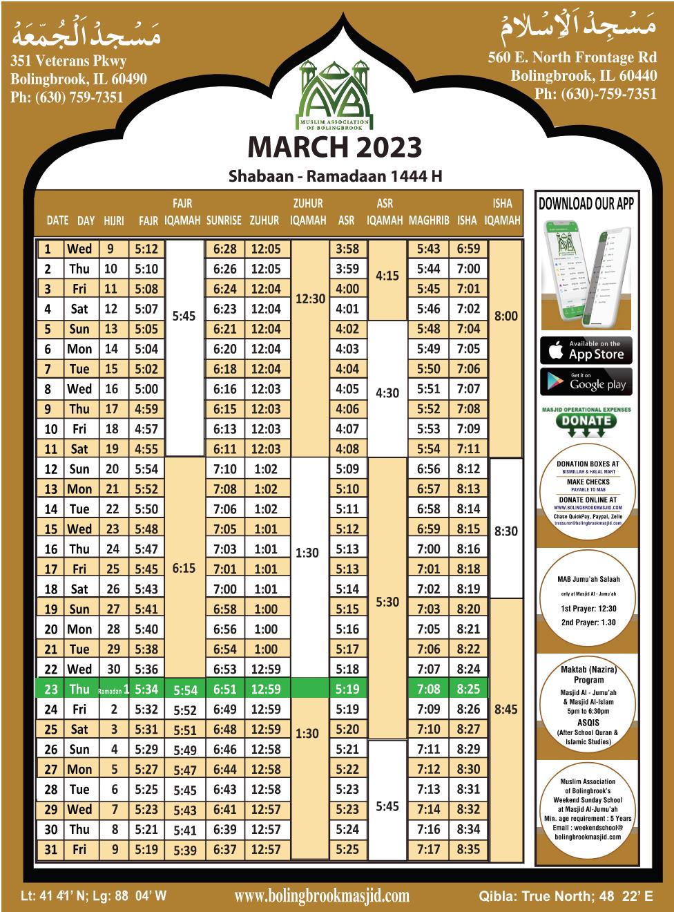 Monthly Calendar Muslim Association of Bolingbrook