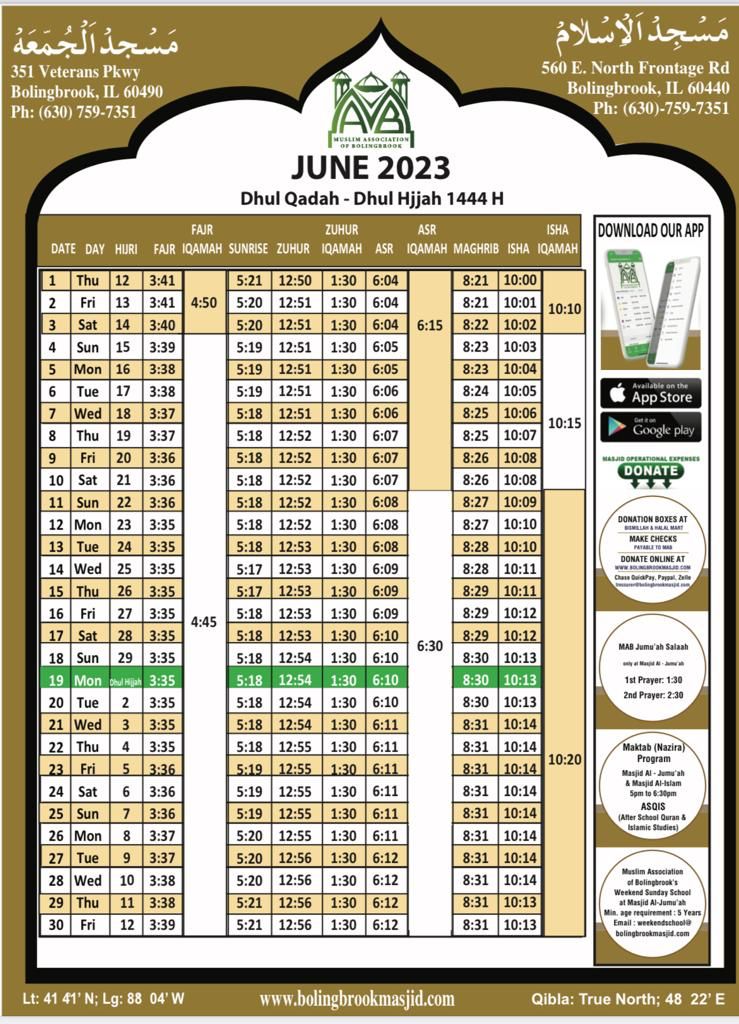 Monthly Calendar Muslim Association of Bolingbrook